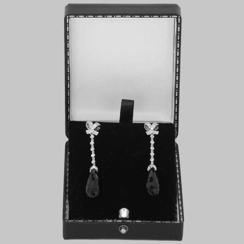 Vintage Diamond & Black Onyx Dangle Earrings 18ct Gold Edwardian Style Drop Earrings View II