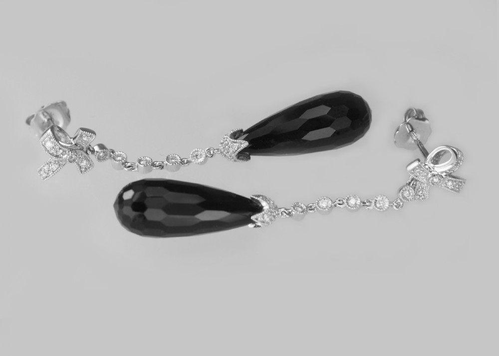 Vintage Diamond & Black Onyx Dangle Earrings 18ct Gold Edwardian Style Drop Earrings View III