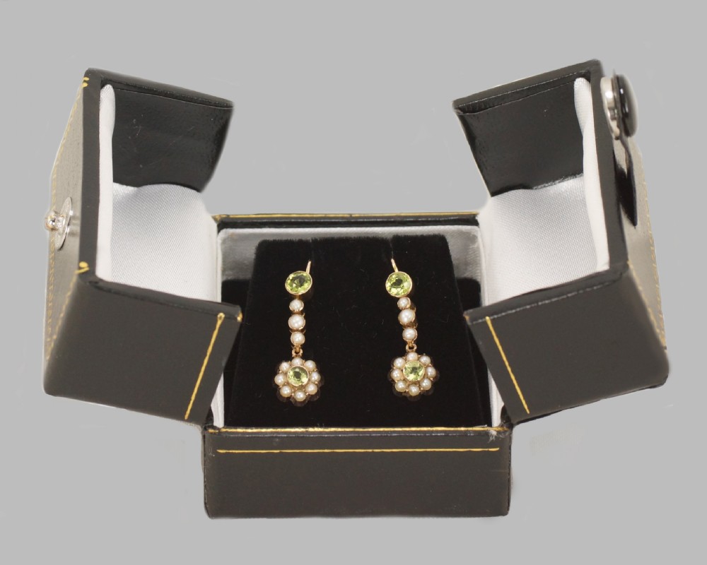 Victorian Peridot & Seed Pearl Dangle Earrings 9ct Gold Antique Drop Earrings Circa 1890 View II