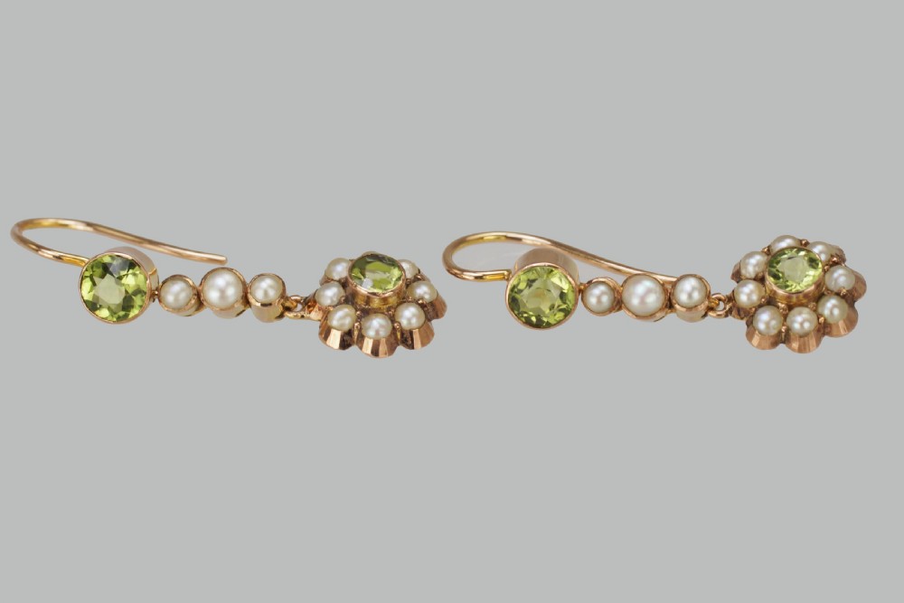 Victorian Peridot & Seed Pearl Dangle Earrings 9ct Gold Antique Drop Earrings Circa 1890 View III