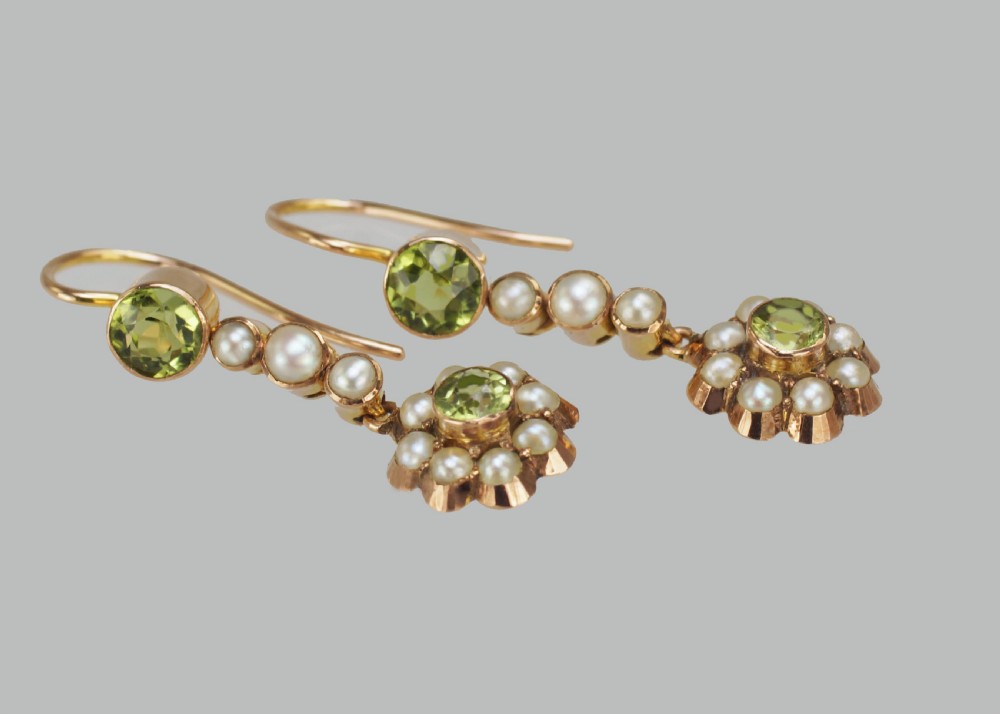 Victorian Peridot & Seed Pearl Dangle Earrings 9ct Gold Antique Drop Earrings Circa 1890 View IV