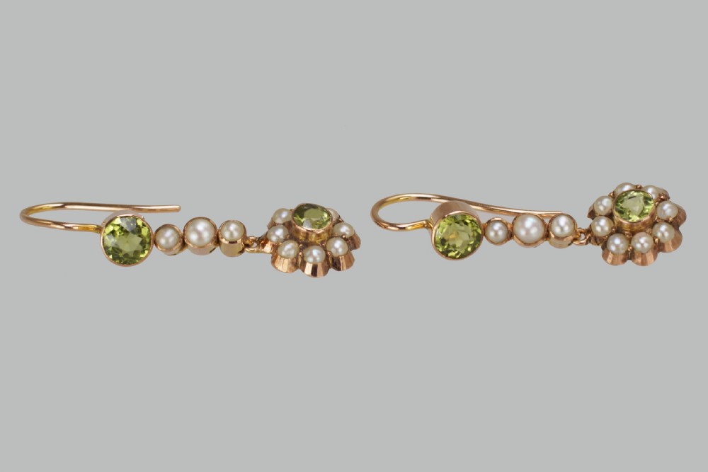 Victorian Peridot & Seed Pearl Dangle Earrings 9ct Gold Antique Drop Earrings Circa 1890 View VI