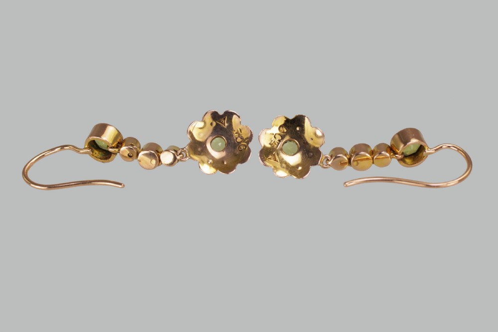 Victorian Peridot & Seed Pearl Dangle Earrings 9ct Gold Antique Drop Earrings Circa 1890 View VIII