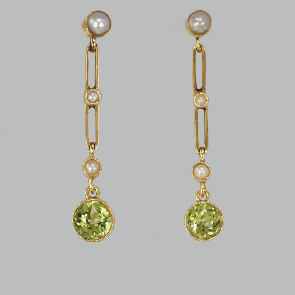 Art Deco Peridot & Seed Pearl Dangle Earrings 15ct Gold Antique Earrings Circa1915
