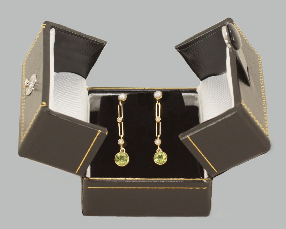 Art Deco Peridot & Seed Pearl Dangle Earrings 15ct Gold Antique Earrings Circa1915 View II