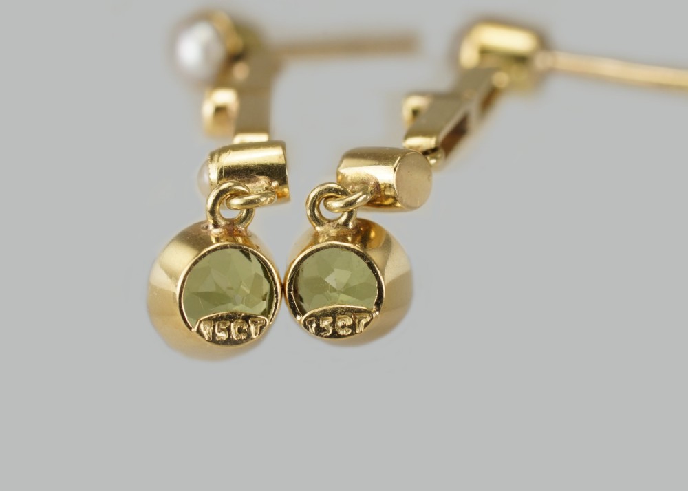 Art Deco Peridot & Seed Pearl Dangle Earrings 15ct Gold Antique Earrings Circa1915 View III