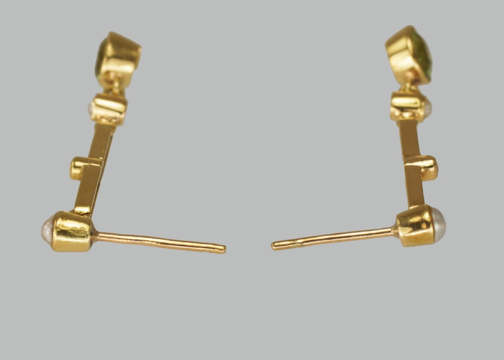 Art Deco Peridot & Seed Pearl Dangle Earrings 15ct Gold Antique Earrings Circa1915 View IV