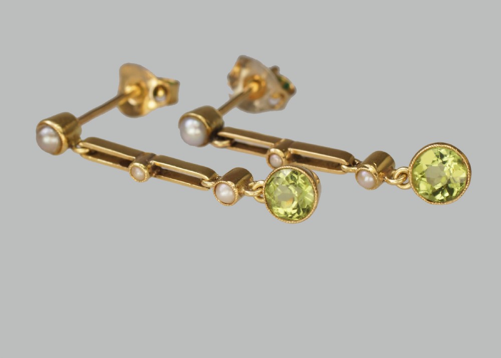 Art Deco Peridot & Seed Pearl Dangle Earrings 15ct Gold Antique Earrings Circa1915 View VII