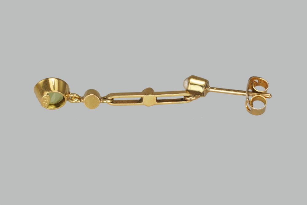 Art Deco Peridot & Seed Pearl Dangle Earrings 15ct Gold Antique Earrings Circa1915 View VIII