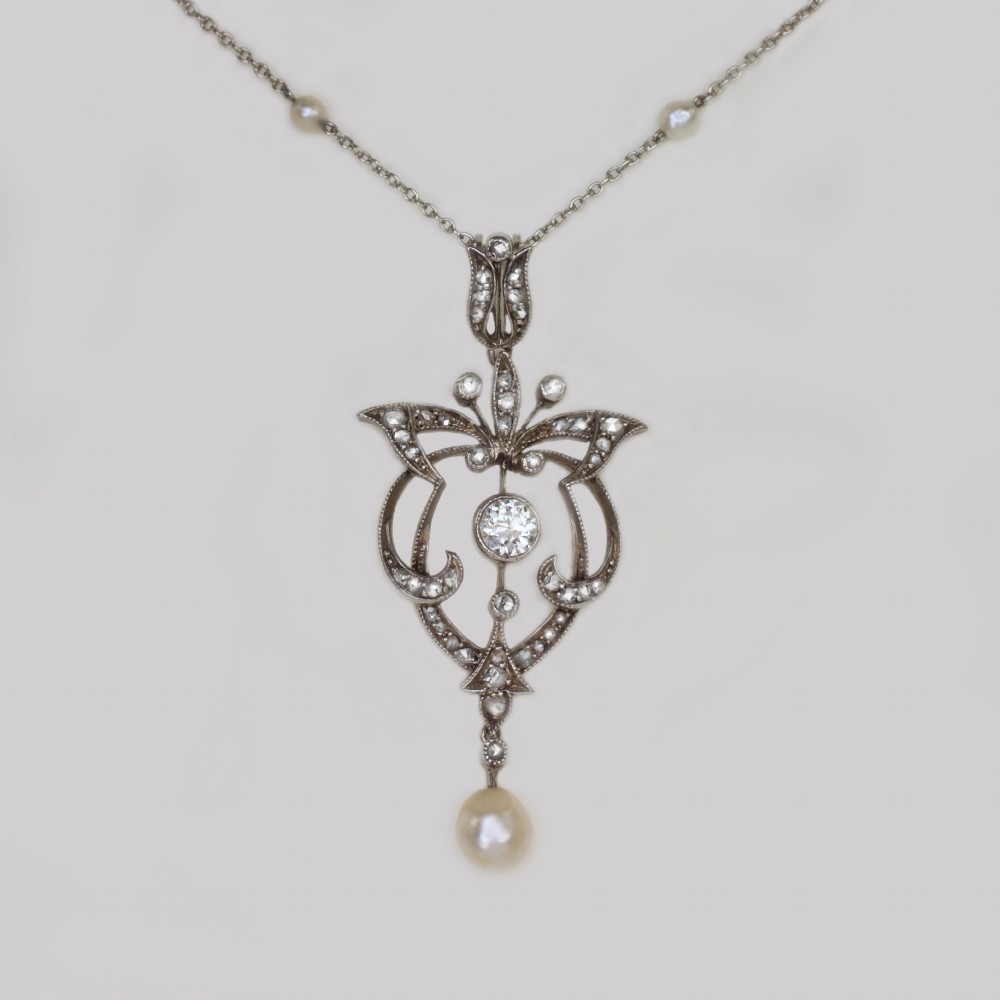 Edwardian Diamond & Pearl Lavaliere Pendant Platinum Antique Art Nouveau Necklace 
