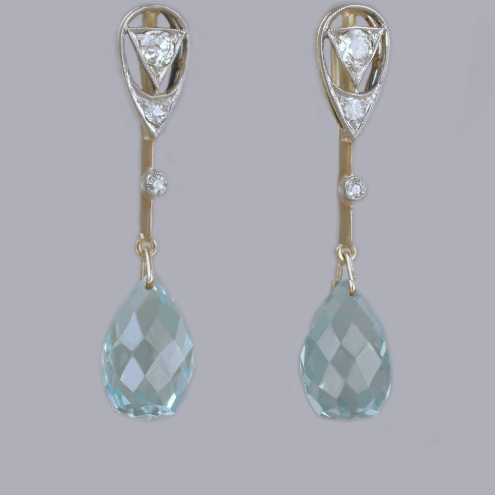 Aquamarine & Old Cut Diamond Edwardian Drop Earrings Antique 18ct Gold Dangle Earrings
