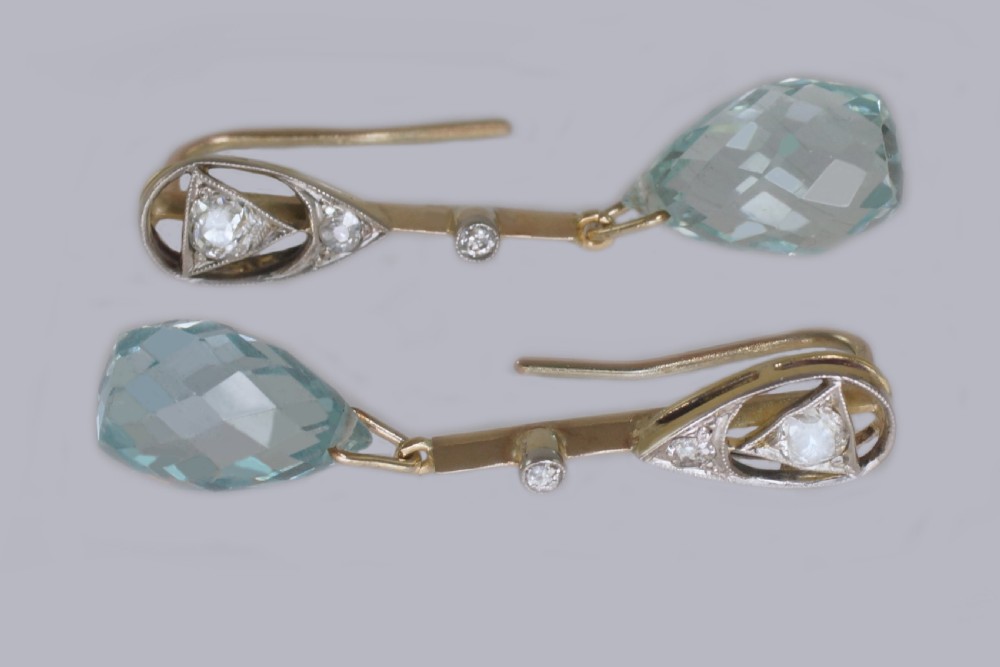 Aquamarine & Old Cut Diamond Edwardian Drop Earrings Antique 18ct Gold Dangle Earrings View II