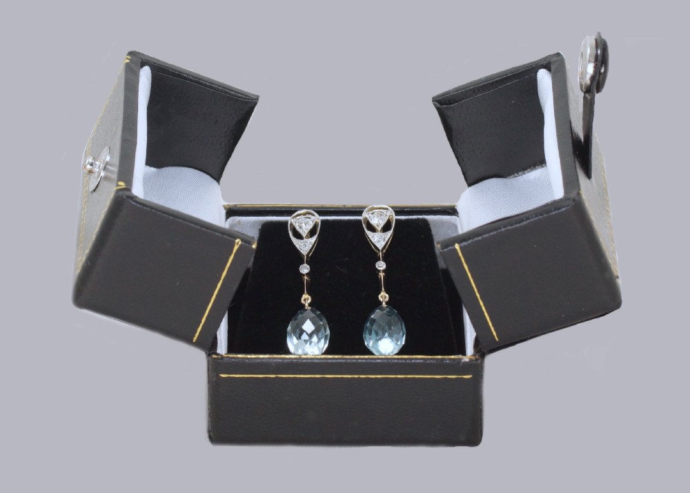 Aquamarine & Old Cut Diamond Edwardian Drop Earrings Antique 18ct Gold Dangle Earrings View III