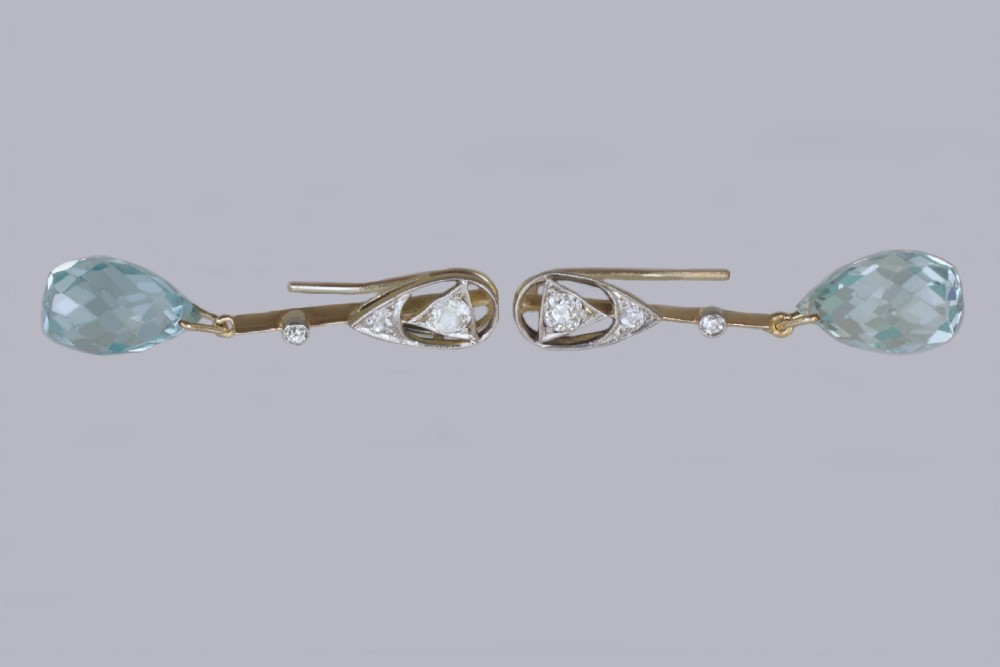 Aquamarine & Old Cut Diamond Edwardian Drop Earrings Antique 18ct Gold Dangle Earrings View IV