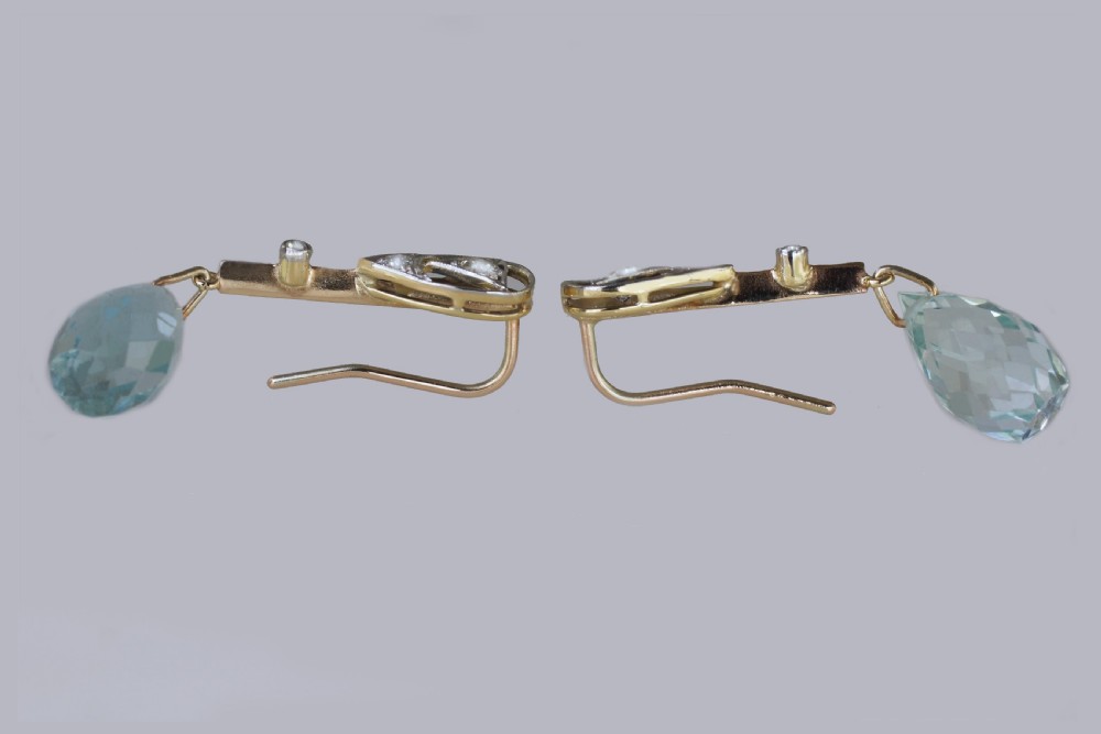 Aquamarine & Old Cut Diamond Edwardian Drop Earrings Antique 18ct Gold Dangle Earrings View V