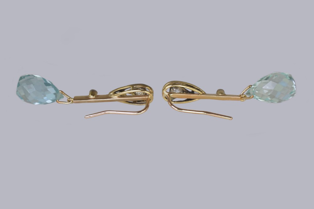 Aquamarine & Old Cut Diamond Edwardian Drop Earrings Antique 18ct Gold Dangle Earrings View VI