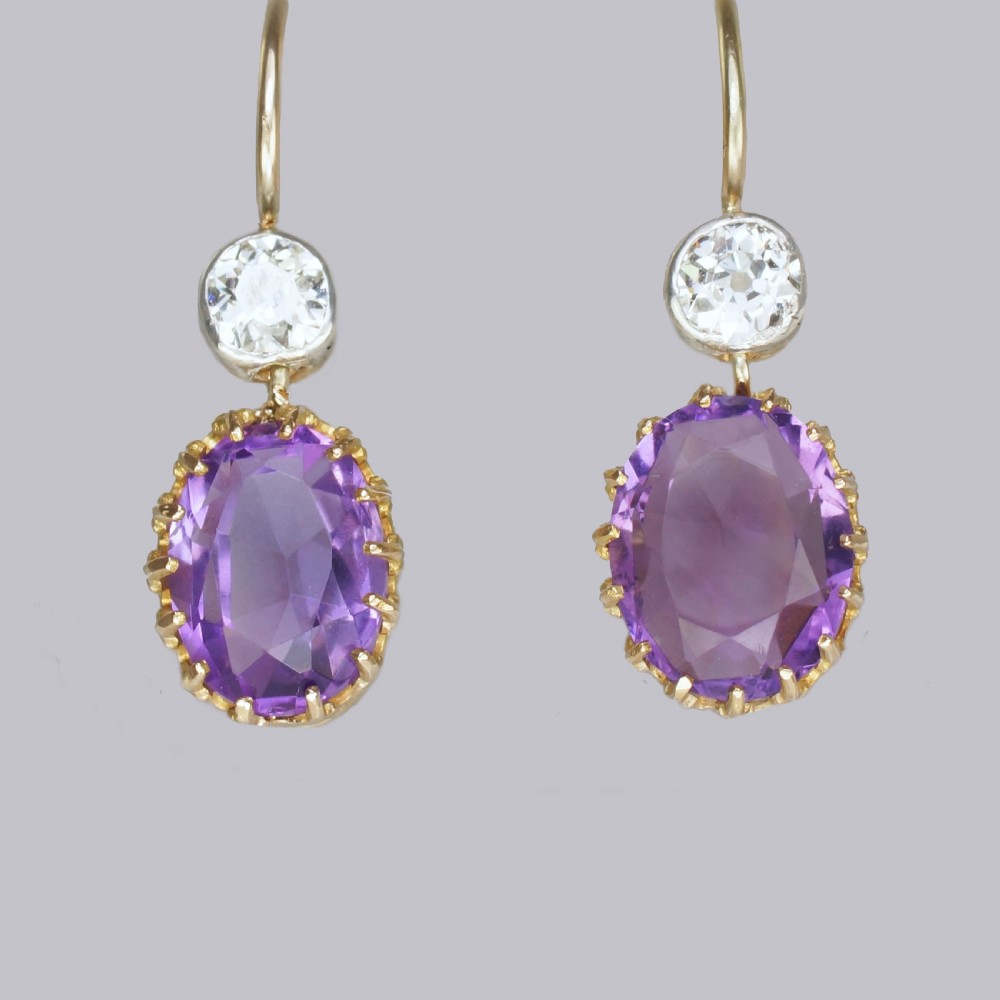 Edwardian Amethyst & Old Cut Diamond Drop Earrings Antique 18ct Gold 1