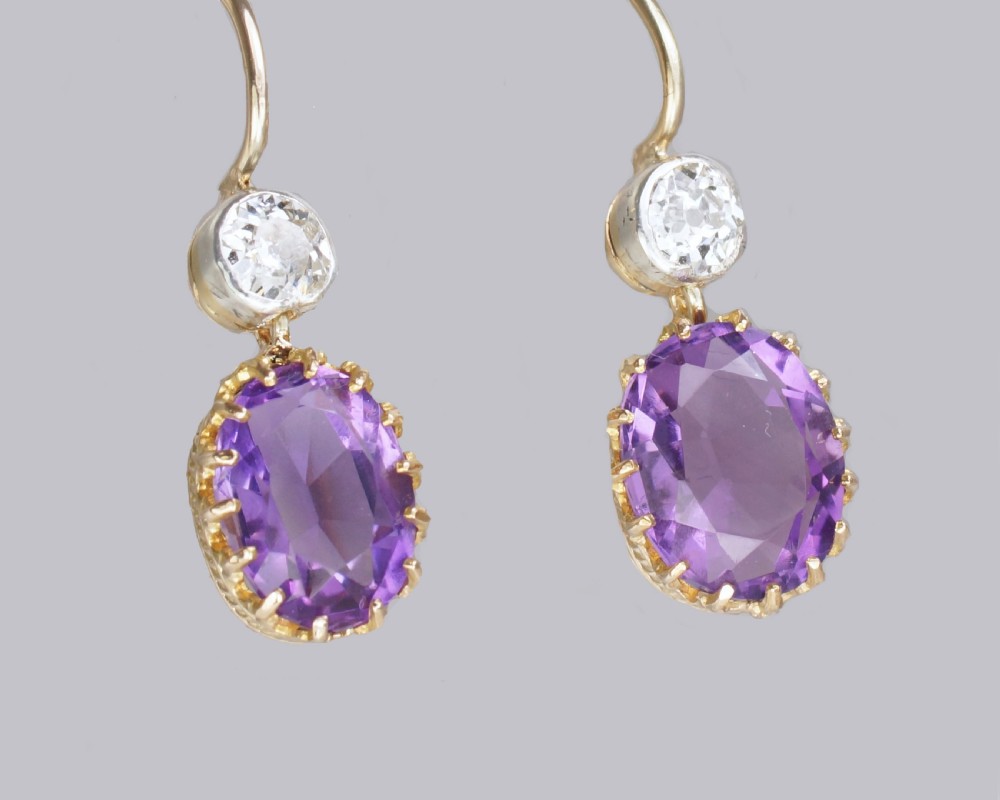 Edwardian Amethyst & Old Cut Diamond Drop Earrings Antique 18ct Gold 1