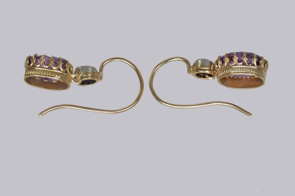 Edwardian Amethyst & Old Cut Diamond Drop Earrings Antique 18ct Gold 1