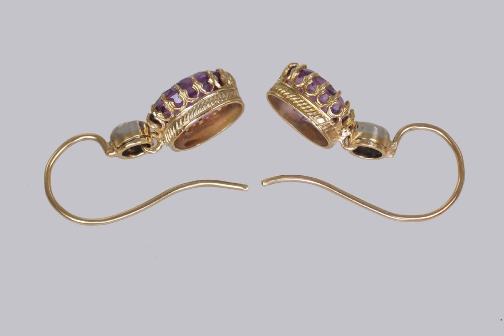 Edwardian Amethyst & Old Cut Diamond Drop Earrings Antique 18ct Gold 1