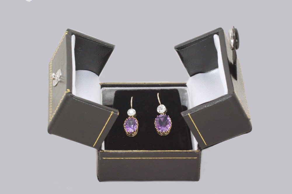 Edwardian Amethyst & Old Cut Diamond Drop Earrings Antique 18ct Gold 1