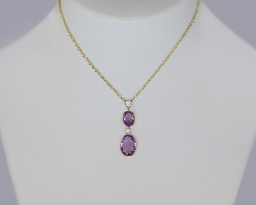 Edwardian Amethyst & 0.80ct Old Cut Diamond 18ct Gold Antique Necklace Circa 1910