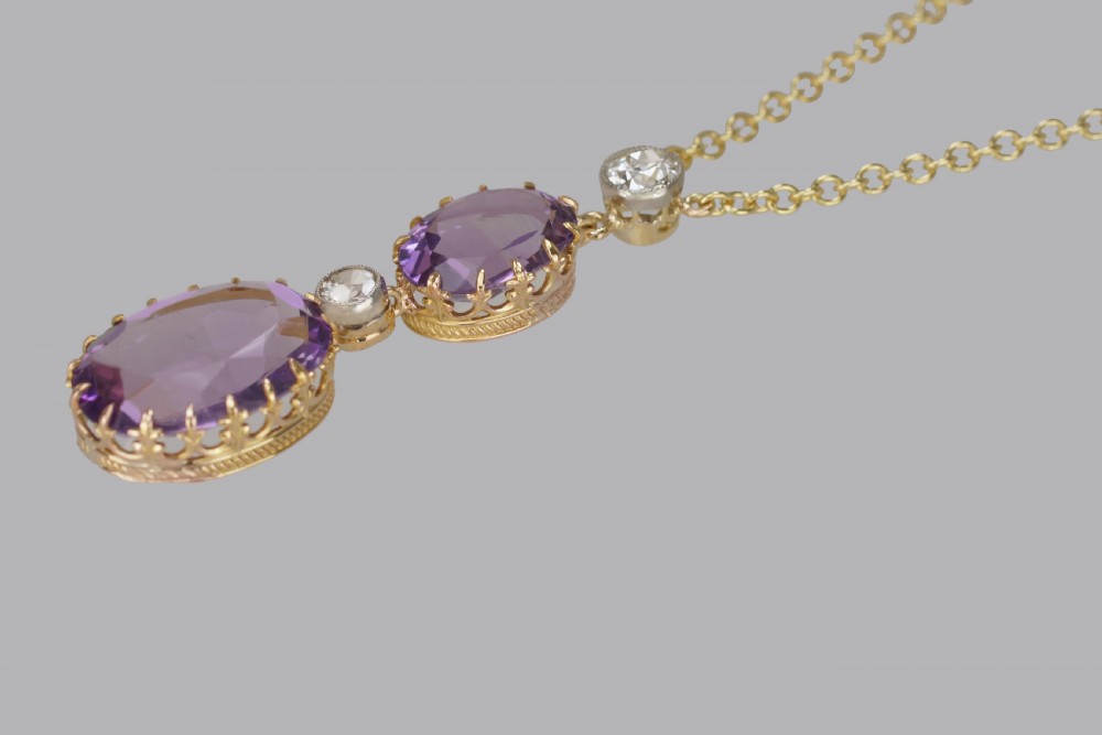 Edwardian Amethyst & 0.80ct Old Cut Diamond 18ct Gold Antique Necklace Circa 1910 View III