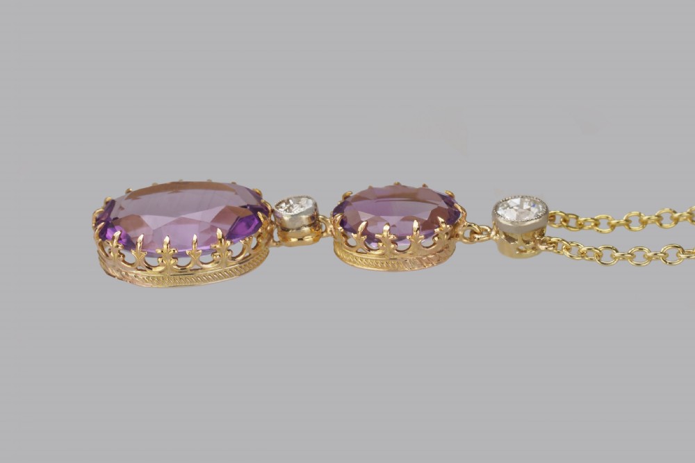 Edwardian Amethyst & 0.80ct Old Cut Diamond 18ct Gold Antique Necklace Circa 1910 View IV
