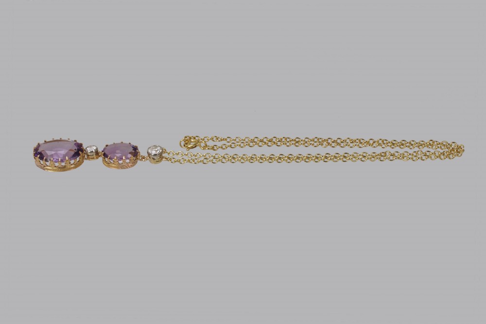 Edwardian Amethyst & 0.80ct Old Cut Diamond 18ct Gold Antique Necklace Circa 1910 View V