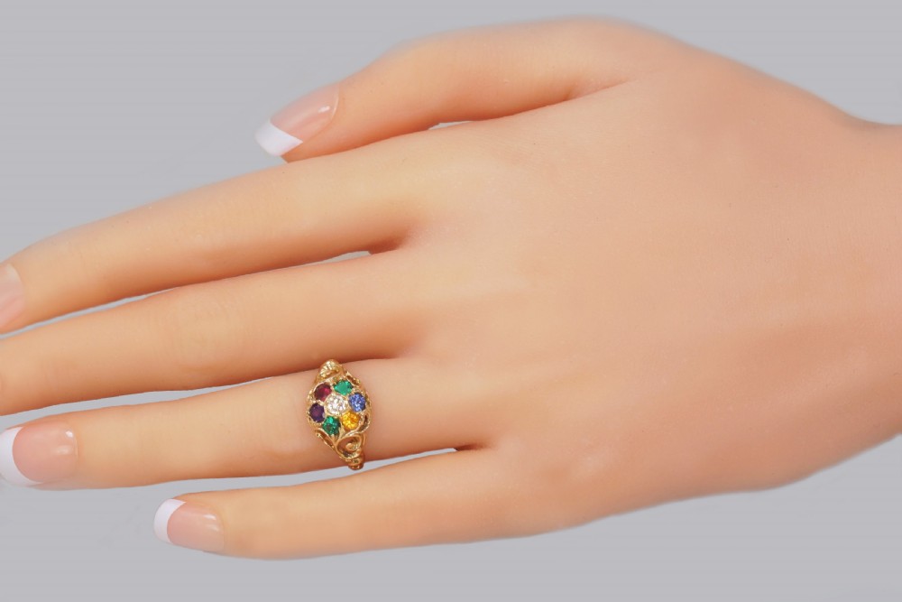 Victorian Dearest Ring 18ct Cluster Diamond Emerald Amethyst Ruby Emerald Sapphire Topaz  View II