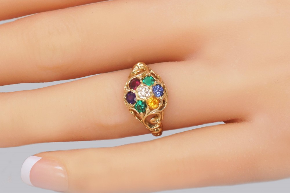 Victorian Dearest Ring 18ct Cluster Diamond Emerald Amethyst Ruby Emerald Sapphire Topaz  View III