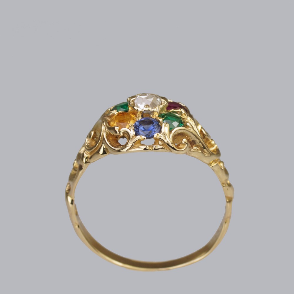 Victorian Dearest Ring 18ct Cluster Diamond Emerald Amethyst Ruby Emerald Sapphire Topaz  View VI