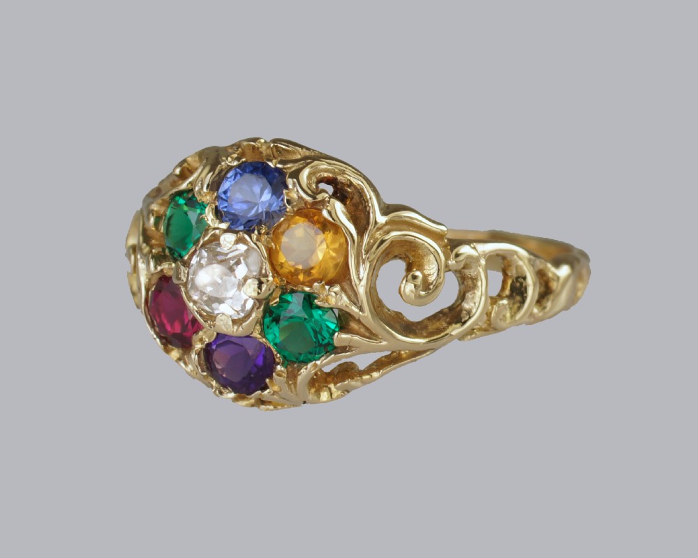 Victorian Dearest Ring 18ct Cluster Diamond Emerald Amethyst Ruby Emerald Sapphire Topaz  View X