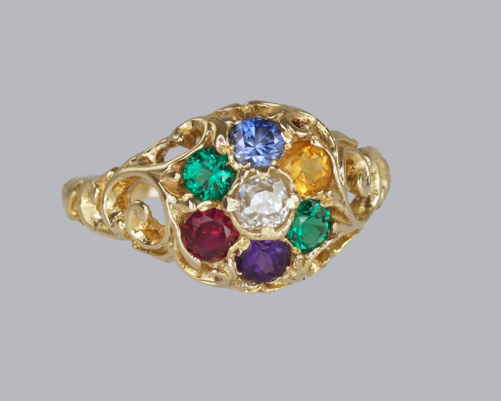 Victorian Dearest Ring 18ct Cluster Diamond Emerald Amethyst Ruby Emerald Sapphire Topaz  View XI