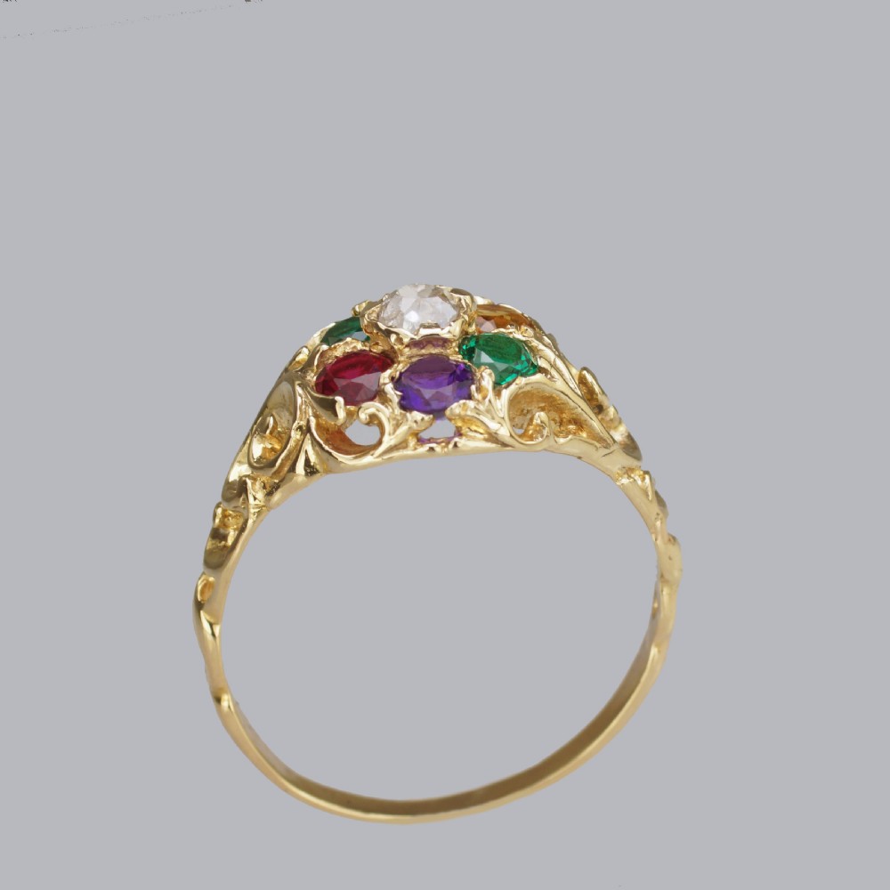 Victorian Dearest Ring 18ct Cluster Diamond Emerald Amethyst Ruby Emerald Sapphire Topaz  View XIV