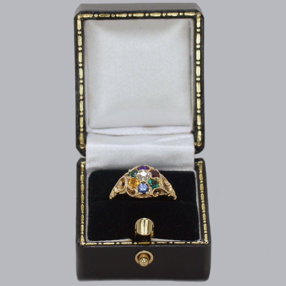 Victorian Dearest Ring 18ct Cluster Diamond Emerald Amethyst Ruby Emerald Sapphire Topaz  View XVI
