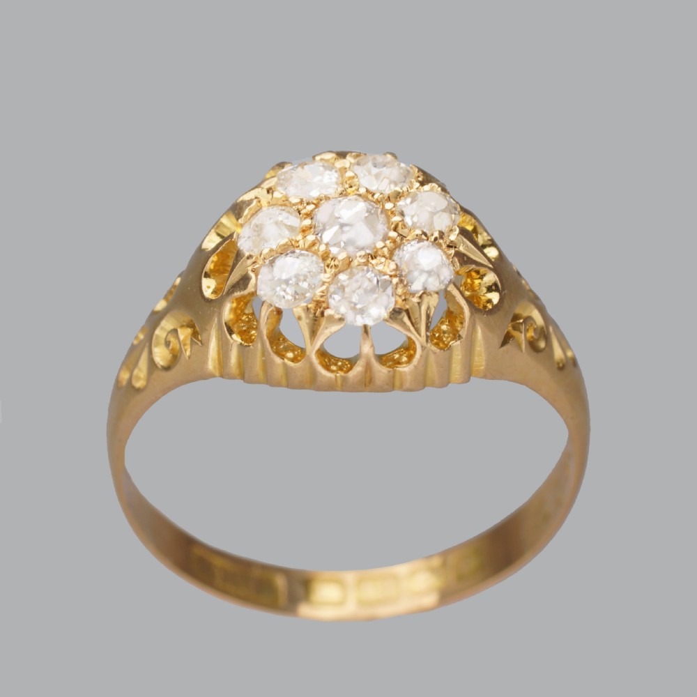 Antique Old Mine Cut Diamond Cluster Ring 18ct Gold Edwardian Ring Hallmarked Birmingham 1906 View VIII
