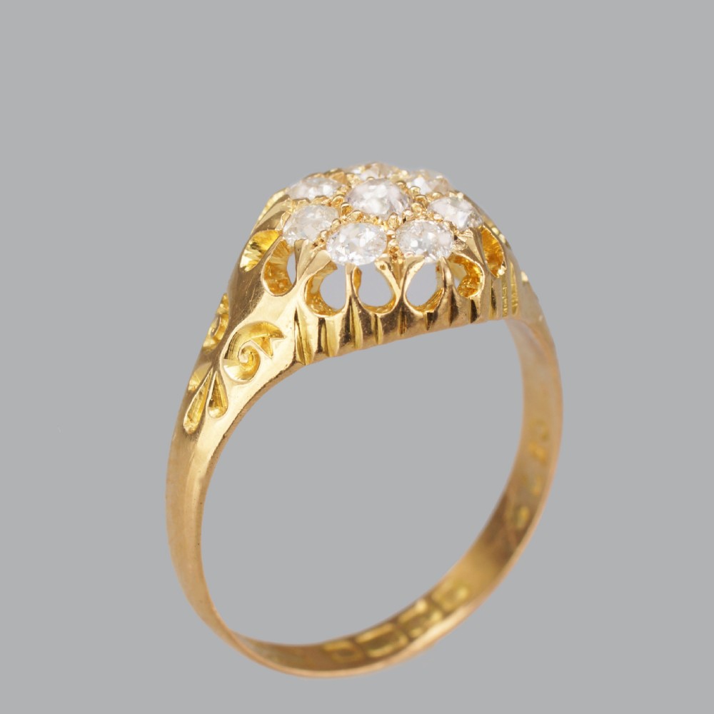 Antique Old Mine Cut Diamond Cluster Ring 18ct Gold Edwardian Ring Hallmarked Birmingham 1906 View IX