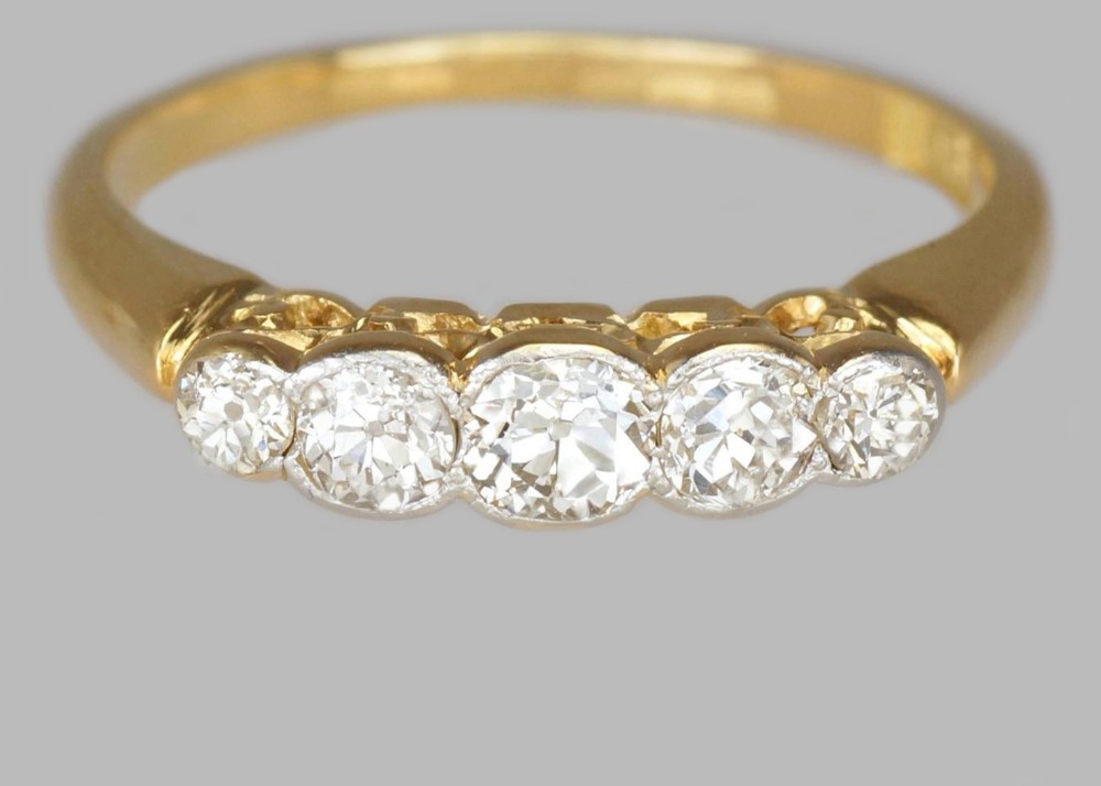 Art Deco Old Cut Diamond Antique 18ct Gold 5 Stone Half Hoop 1920's Vintage Ring