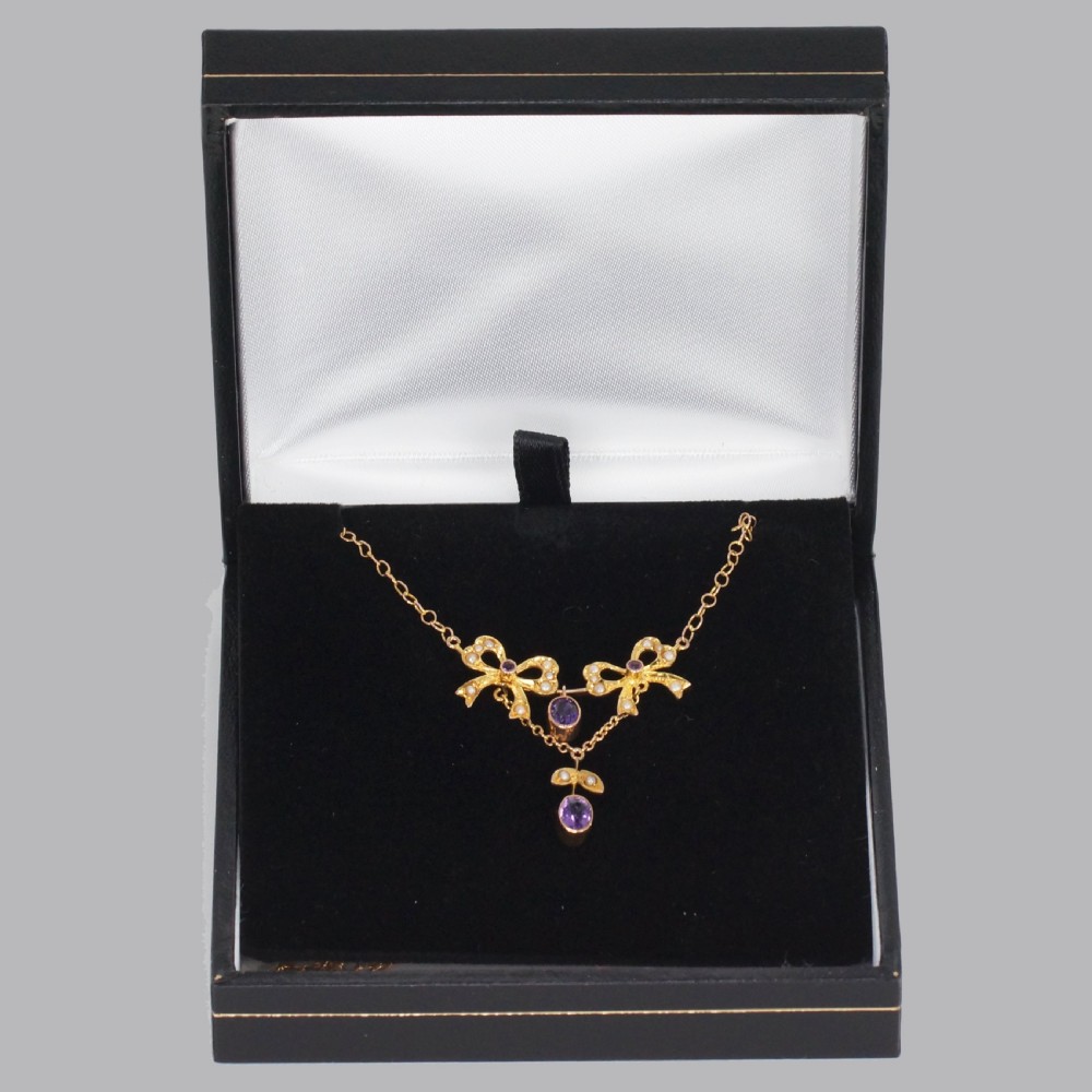 Belle Epoque Seed Pearl & Amethyst Antique 15ct Gold Edwardian Necklace ca.1910 View II