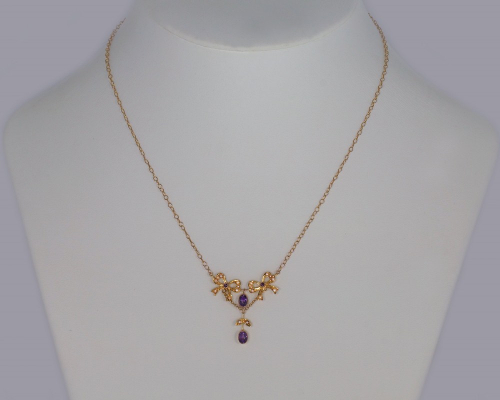 Belle Epoque Seed Pearl & Amethyst Antique 15ct Gold Edwardian Necklace ca.1910 View III