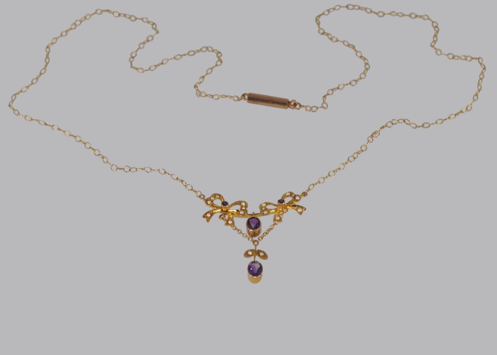 Belle Epoque Seed Pearl & Amethyst Antique 15ct Gold Edwardian Necklace ca.1910 View V
