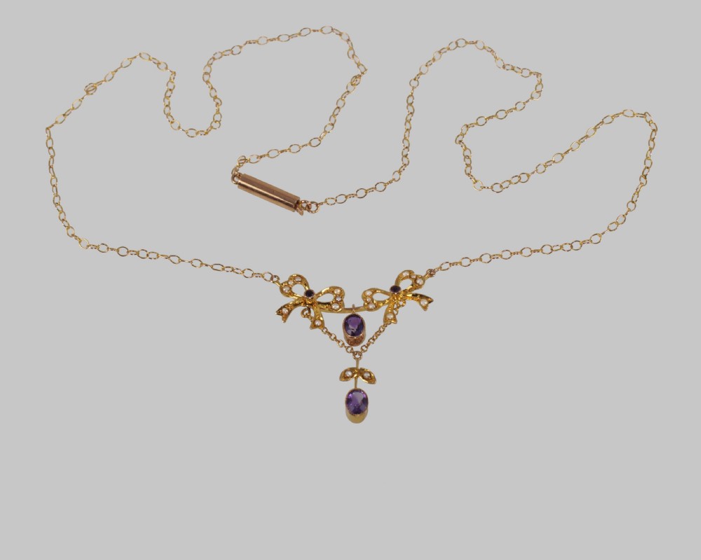 Belle Epoque Seed Pearl & Amethyst Antique 15ct Gold Edwardian Necklace ca.1910 View VI