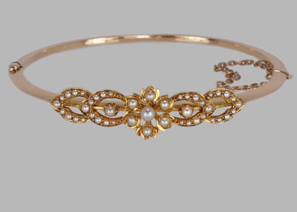 Edwardian Pearl Bangle Belle Epoque 15ct Gold Antique Pearl Bracelet Circa 1910