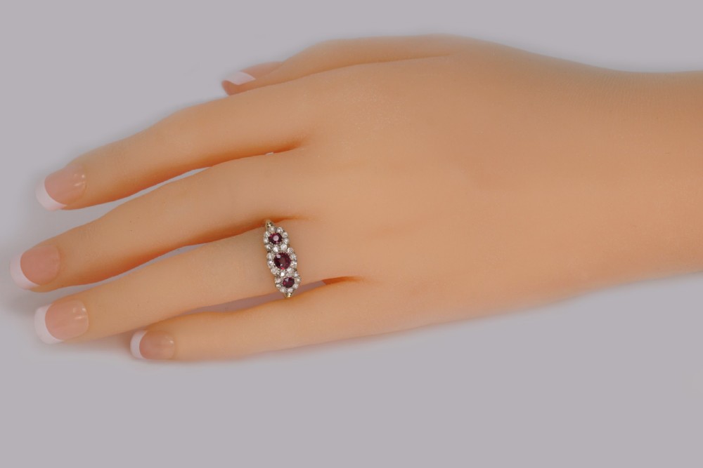 Victorian Ruby & Diamond Triple Cluster Antique18ct Gold Ring ca 1850  View II