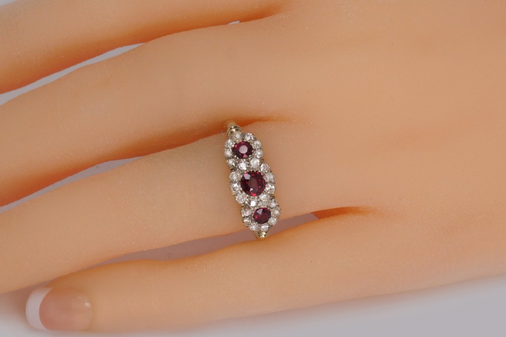 Victorian Ruby & Diamond Triple Cluster Antique18ct Gold Ring ca 1850  View III