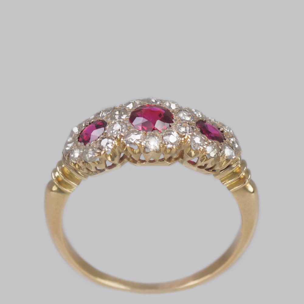 Victorian Ruby & Diamond Triple Cluster Antique18ct Gold Ring ca 1850  View V