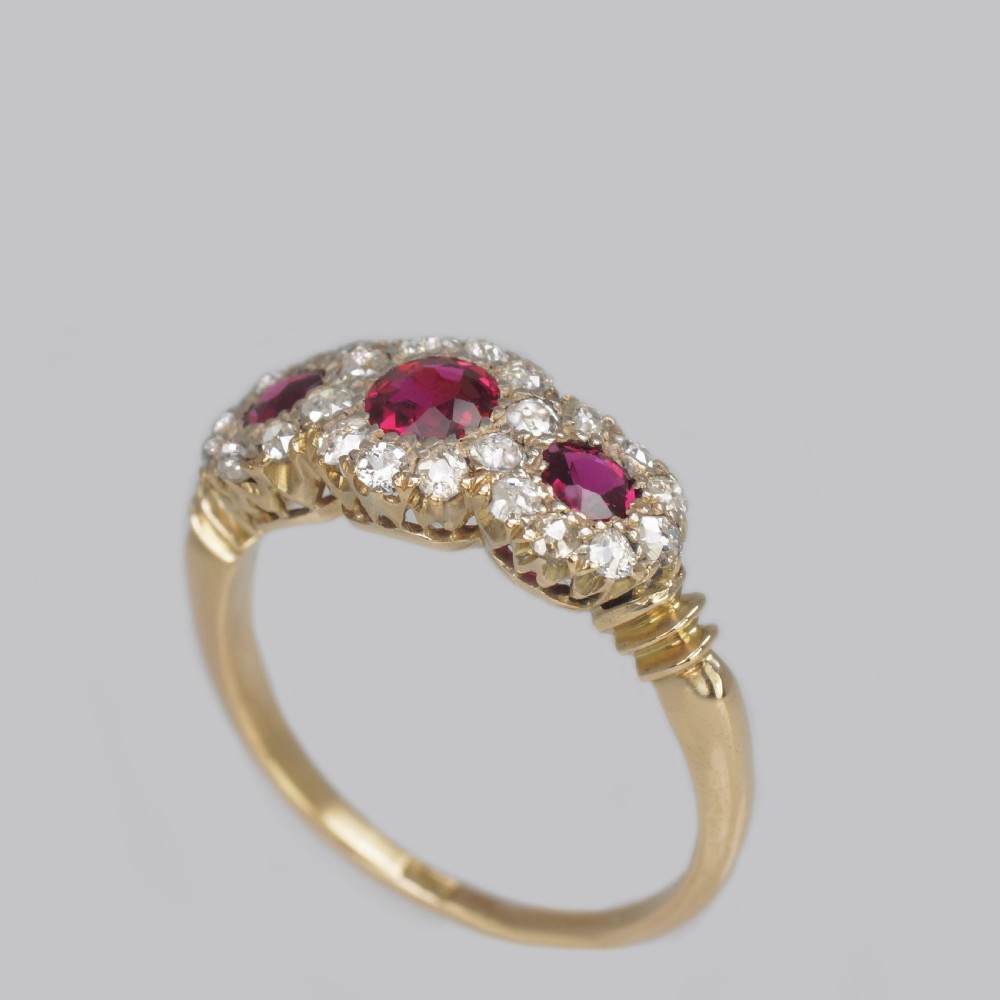 Victorian Ruby & Diamond Triple Cluster Antique18ct Gold Ring ca 1850  View VI