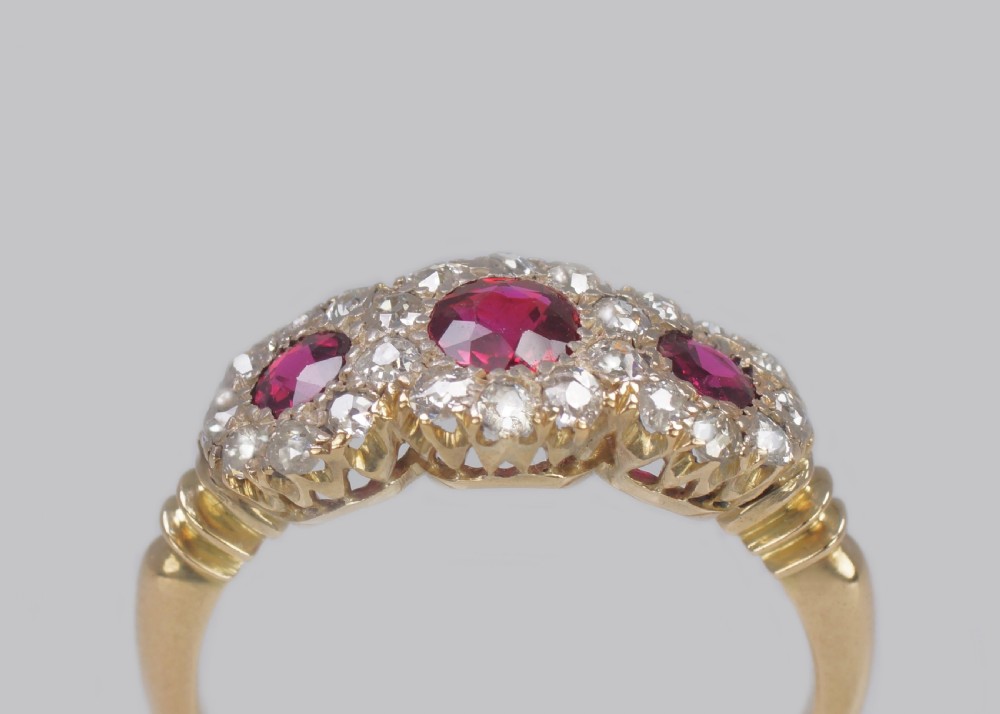 Victorian Ruby & Diamond Triple Cluster Antique18ct Gold Ring ca 1850  View VII