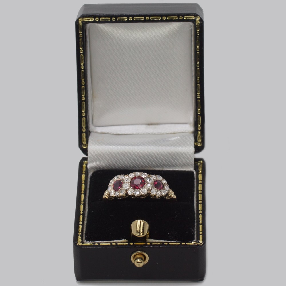 Victorian Ruby & Diamond Triple Cluster Antique18ct Gold Ring ca 1850  View XI